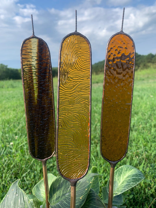 Stained Glass Catail Stake with Copper Stem