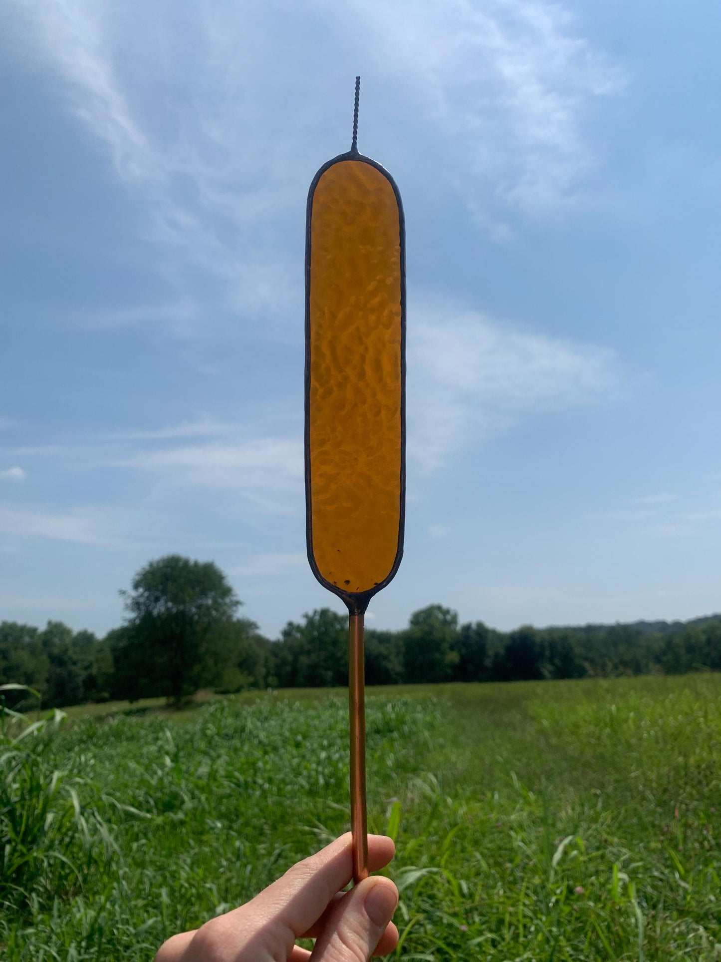 Stained Glass Catail Stake with Copper Stem