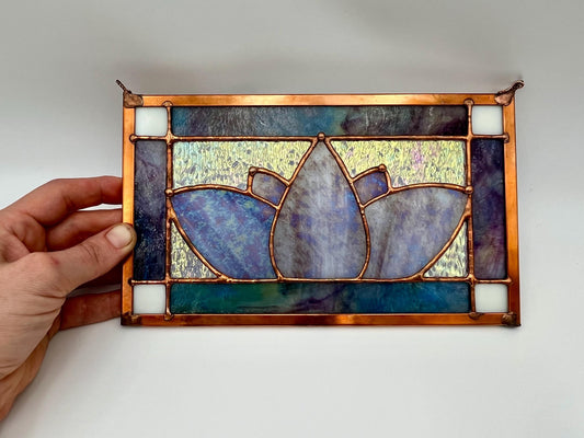 Purple Iridescent Lotus Stained Glass Handmade Panel