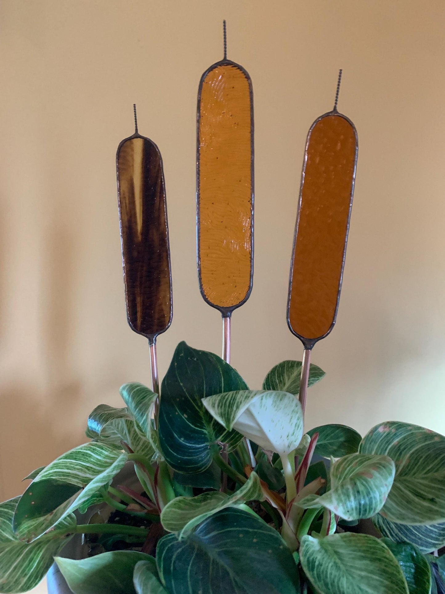 Stained Glass Catail Stake with Copper Stem
