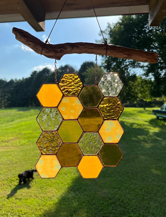 Honeycomb on Driftwood Stained Glass Suncatch/Decor