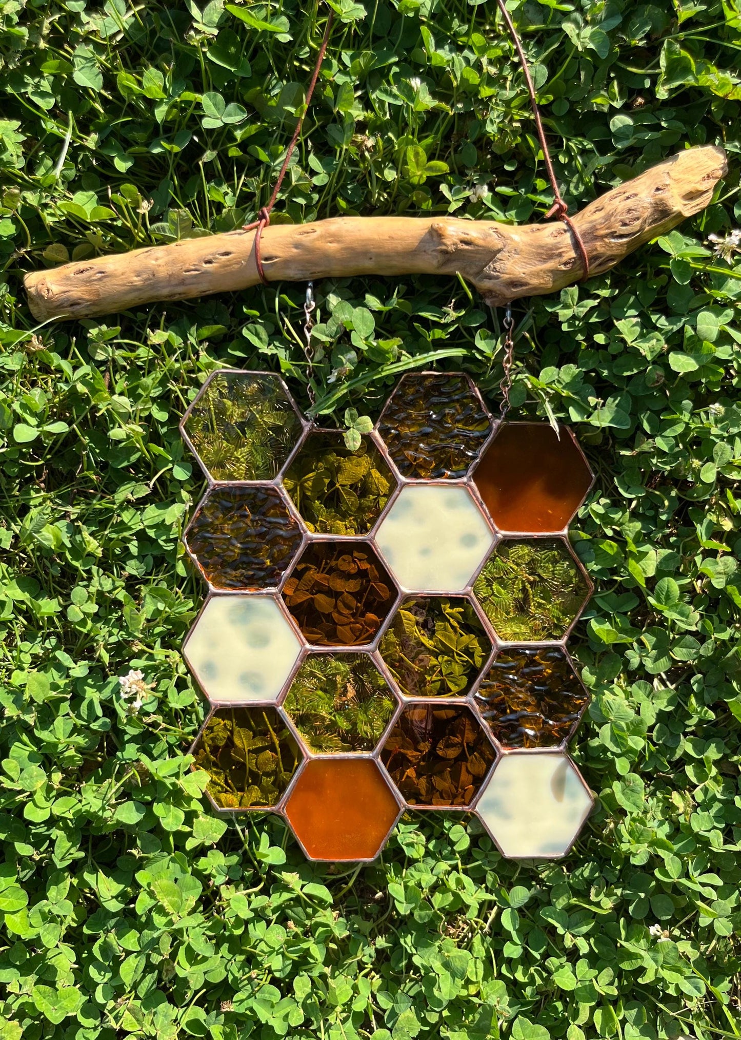 Honeycomb on Driftwood Stained Glass Suncatch/Decor