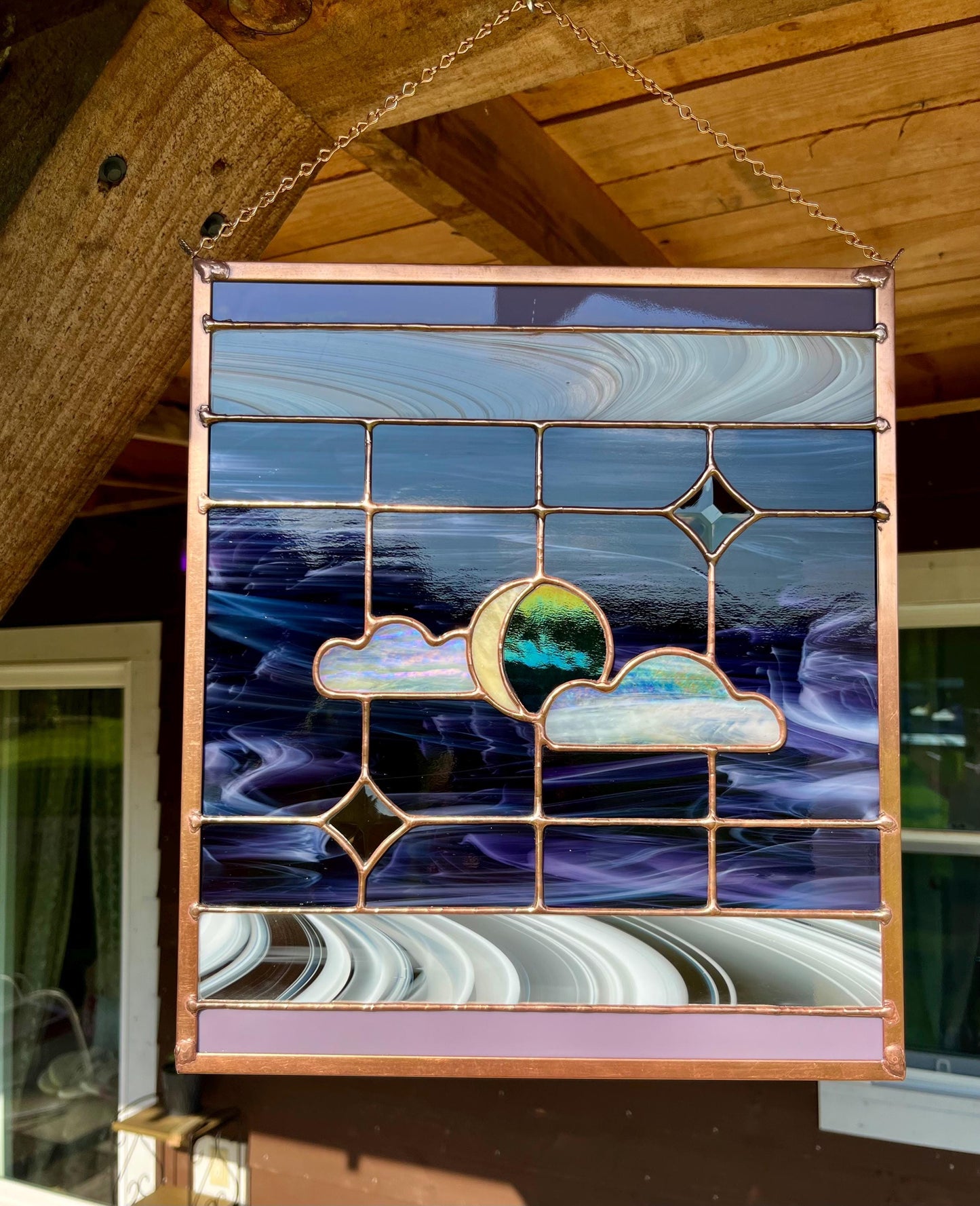 Purple Night Scene Stained Glass Panel