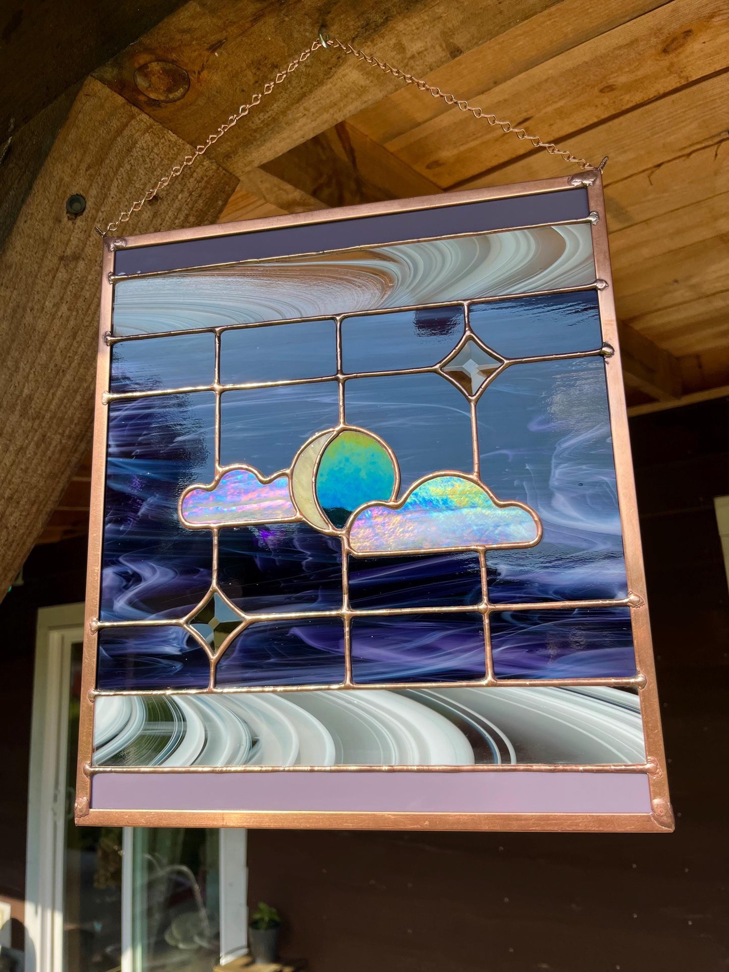 Purple Night Scene Stained Glass Panel
