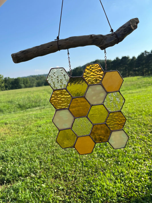 Honeycomb on Driftwood Stained Glass Suncatch/Decor