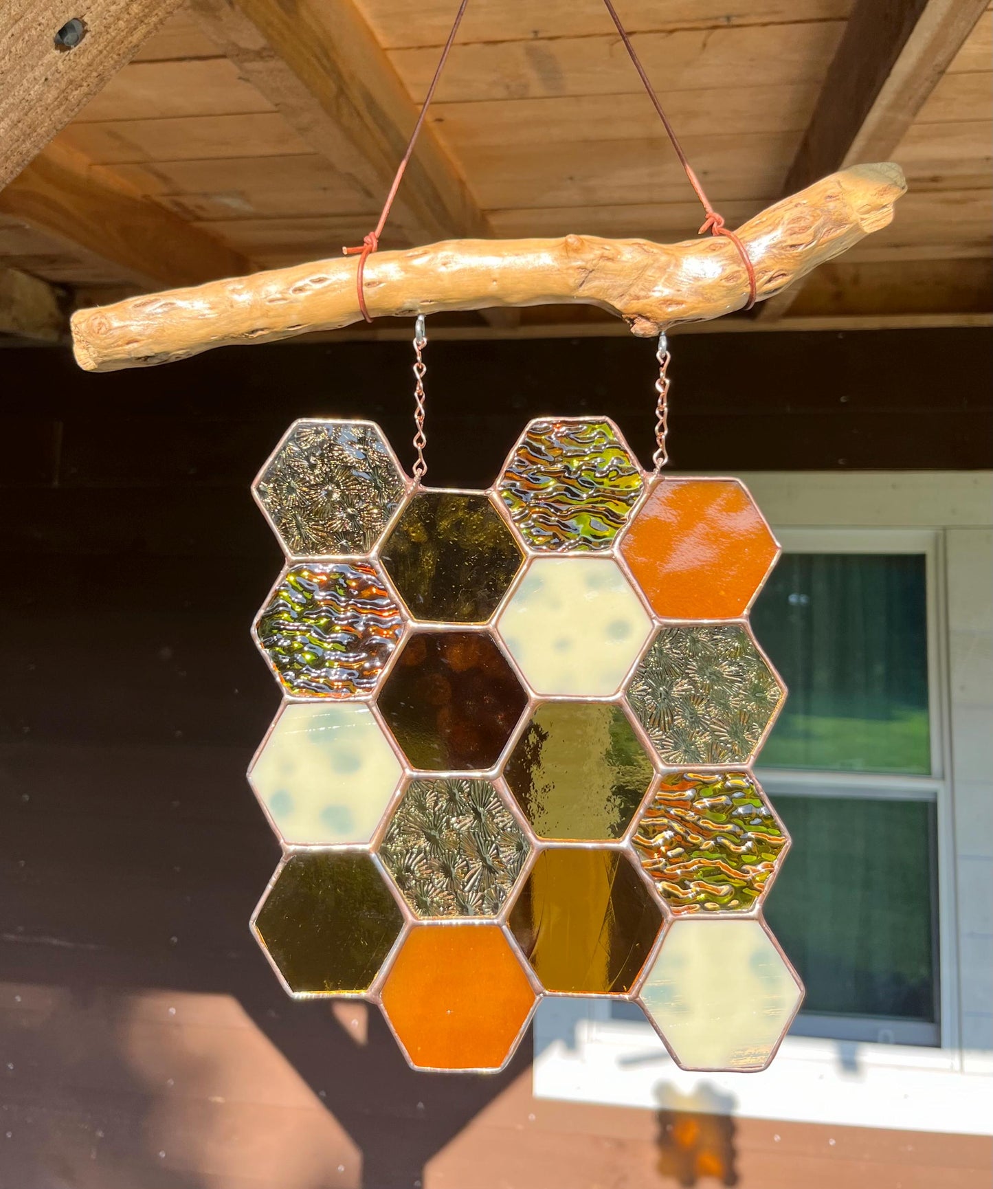Honeycomb on Driftwood Stained Glass Suncatch/Decor