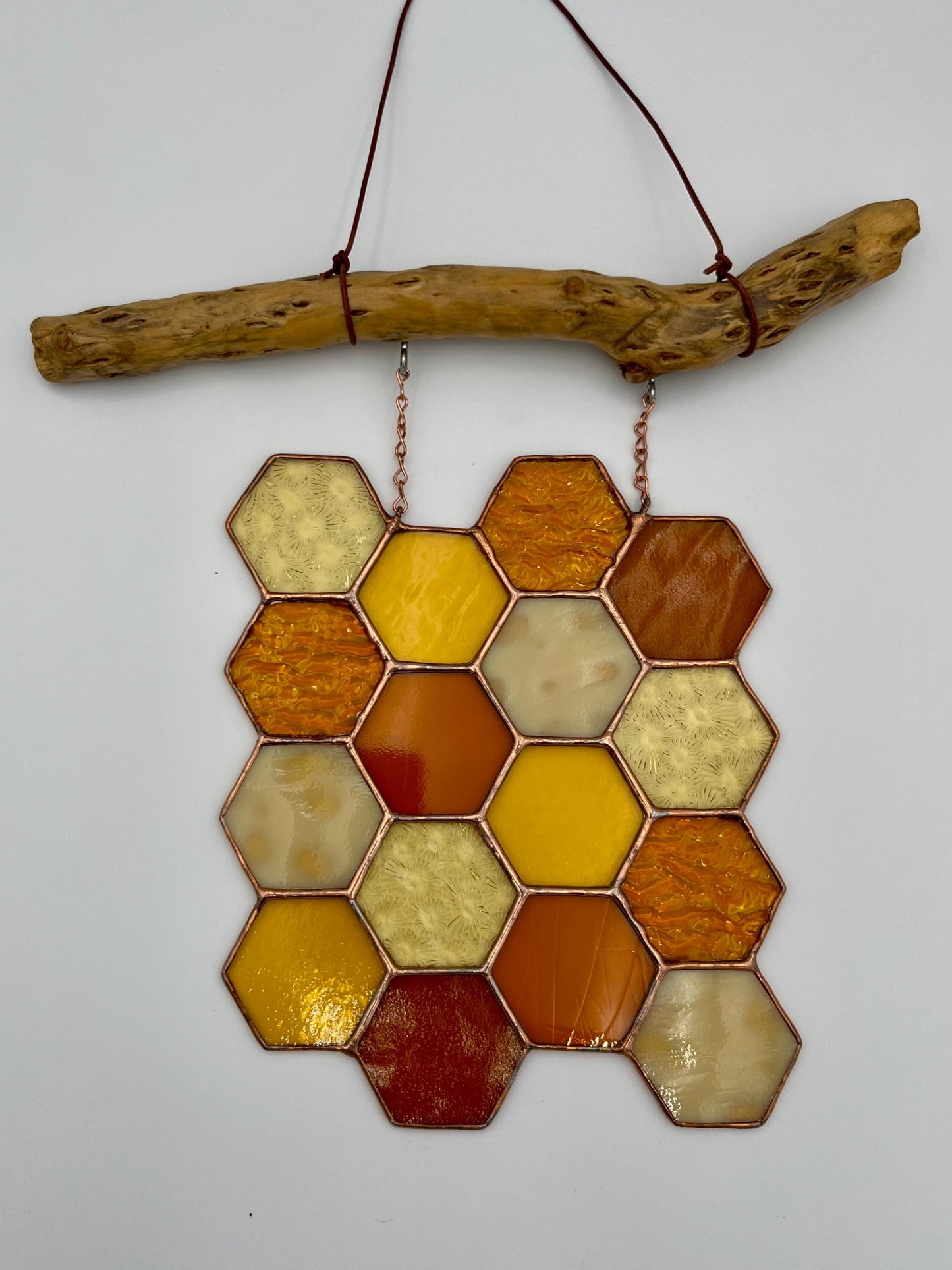 Honeycomb on Driftwood Stained Glass Suncatch/Decor