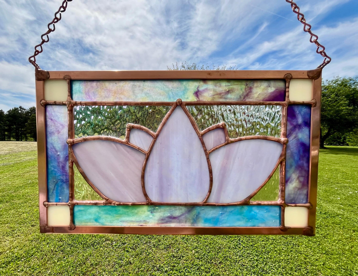 Purple Iridescent Lotus Stained Glass Handmade Panel