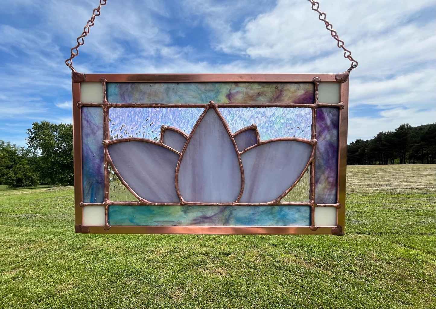 Purple Iridescent Lotus Stained Glass Handmade Panel