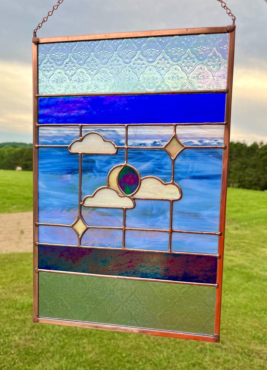 Blue Night Sky Crescent Moon Stained Glass Panel